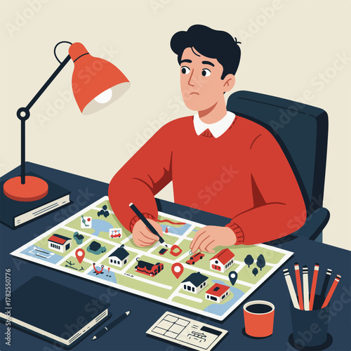 A person, seated at a desk under a desk lamp, studies a map with markers. Additional office supplies are present