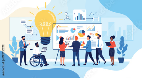 Diverse business team collaborating on a project with a large lightbulb representing ideas.