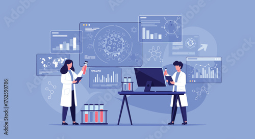 Scientists in lab coats analyze data on screens showing virus and vaccine research.