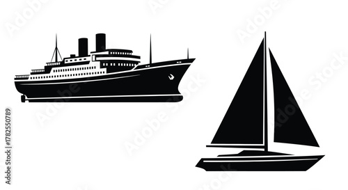 A striking black and white illustration featuring a cruise ship and sailboat