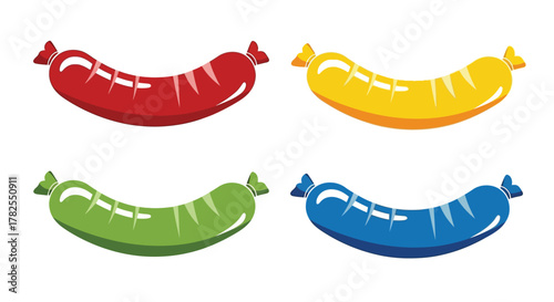 Colorful cartoon illustration of four different sausages on a white background