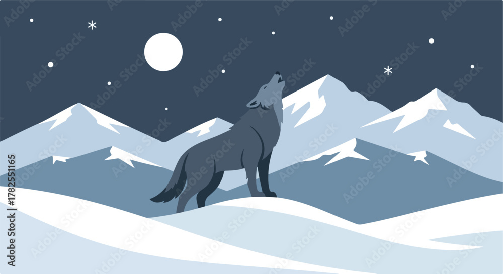 Naklejka premium A gray wolf howling at the moon in a snowy mountain range under a starry sky