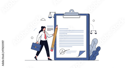 Illustration of a businesswoman signing a legal document with a giant pencil.