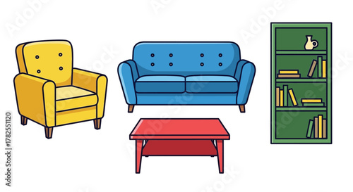 Colorful cartoon illustration of living room furniture arrangement with simple design