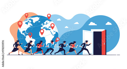 Graduates in caps and gowns run towards an open door with diplomas, symbolizing global opportunities.