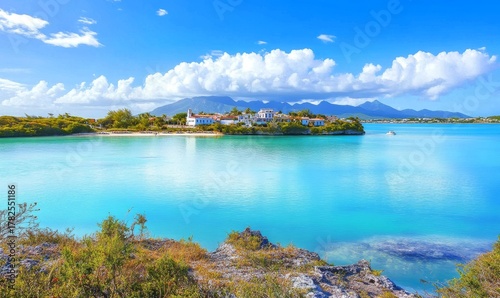 Serene coastal landscape featuring a calm turquoise bay with lush greenery and distant mountains under a bright blue sky