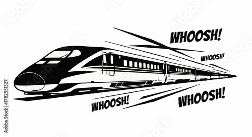 Sleek high-speed train rushing forward with motion lines and sound effects.
