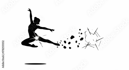 Dynamic silhouette of a dancer leaping, breaking apart into abstract fragments with energetic motion