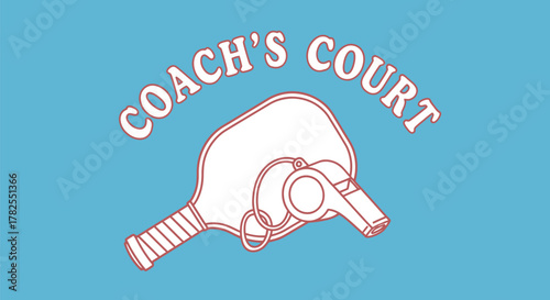 Graphic illustration of a pickleball paddle and a whistle with the text 'COACH'S COURT' on a light blue background, representing sports coaching.
