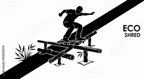 Skateboarder performing trick on eco-friendly bamboo obstacle