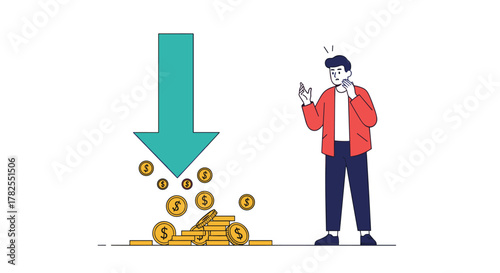 Man looks shocked as a large arrow points down at a pile of falling gold coins.