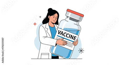 Illustration of a doctor holding a large vaccine bottle, representing healthcare and immunization efforts.