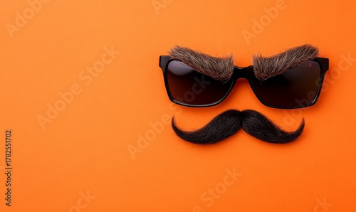 Stylish accessories including sunglasses, a fake mustache, and bushy eyebrows arranged on a vibrant orange background
