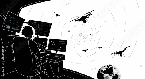 Operator controls drone swarm from high-tech command center overseeing global operations