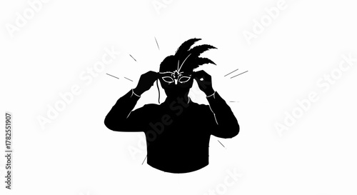Mysterious silhouette dons an ornate mask, preparing for a masquerade event.