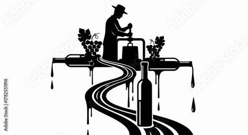 Farmer presses grapes for winemaking, creating a flowing path to a bottle.