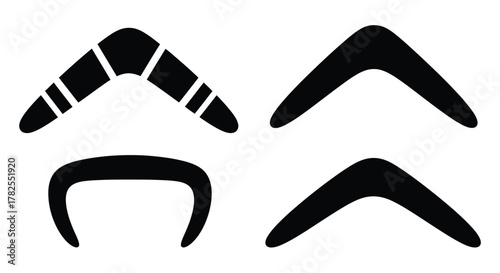 Black and white illustration of boomerangs and an aboriginal crescent