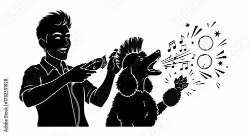 Joyful groomer styling a poodle's mohawk while the dog sings along happily.