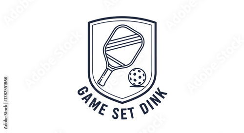 A black and white line art logo for pickleball, featuring a paddle, ball, and "GAME SET DINK" text within a shield.