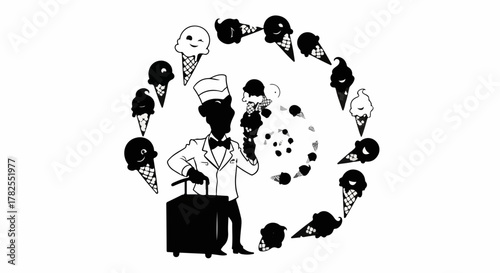 Joyful ice cream vendor serving a spiral of delicious frozen treats on a sunny day