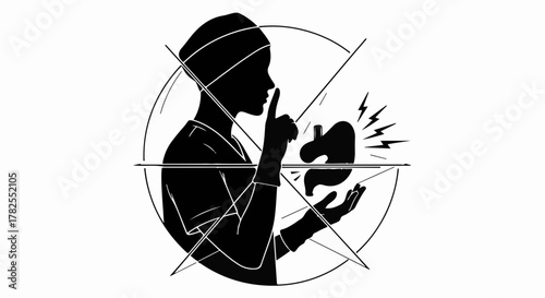 Silhouette of person holding a heart with a "no" symbol, representing silence and health concerns.