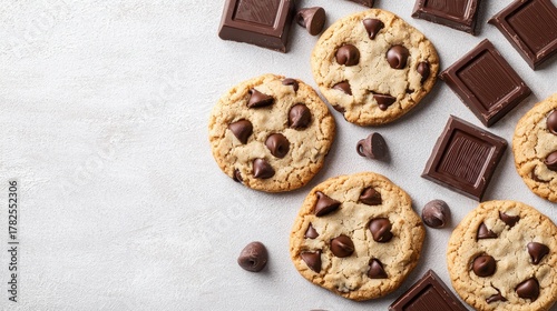 Delicious chocolate chip cookies with semisweet chocolate chunks on a light textured background, perfect for dessert, recipes, or baking inspiration.