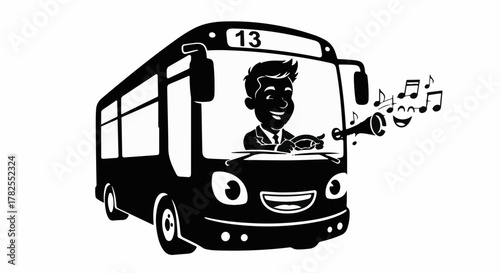 Cheerful bus driver honking horn with musical notes emanating, conveying joy and transport.