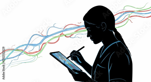 Focused medical professional analyzing data on a digital tablet with abstract colorful lines.