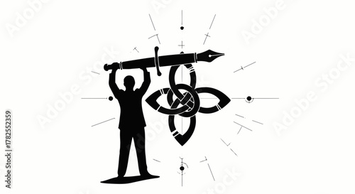 Silhouette of a person holding a quill pen above a Celtic knot, symbolizing creativity and heritage.