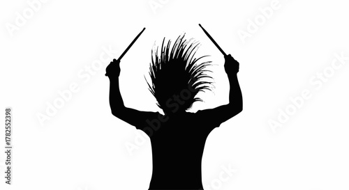 Energetic silhouette of a conductor with wild hair, passionately directing music with drumsticks.