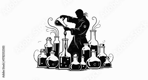 Mysterious alchemist in silhouette carefully pouring liquid into various glass flasks, creating magic potions.