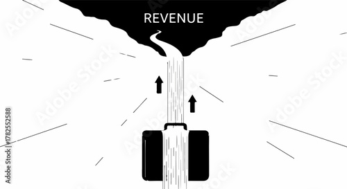 Business briefcase flows upwards towards a dark cloud labeled REVENUE, symbolizing financial growth and success.