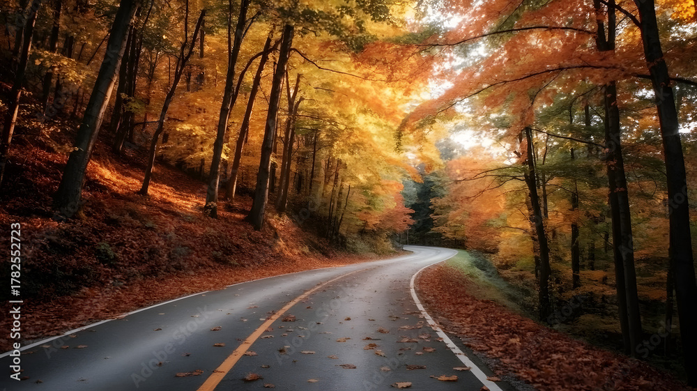 Fototapeta premium Beautiful autumn scenic drive road trip fall foliage landscape photography background wallpaper image free stock