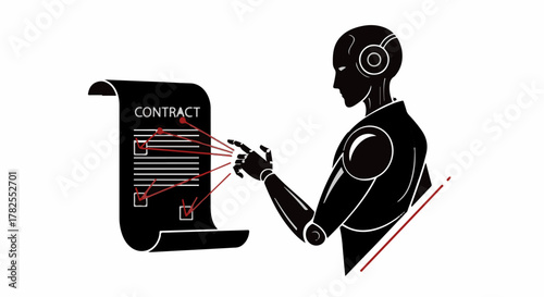 Robot reviewing and signing a digital contract with AI assistance