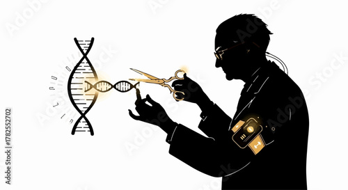 Scientist meticulously editing DNA strand with scissors, symbolizing genetic research and biotechnology innovation.