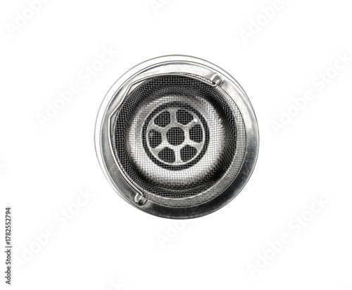 Top view of stainless steel sink drain isolated on white