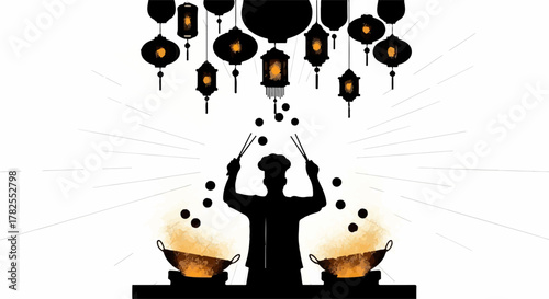 Chef masterfully juggling food with chopsticks under festive lanterns
