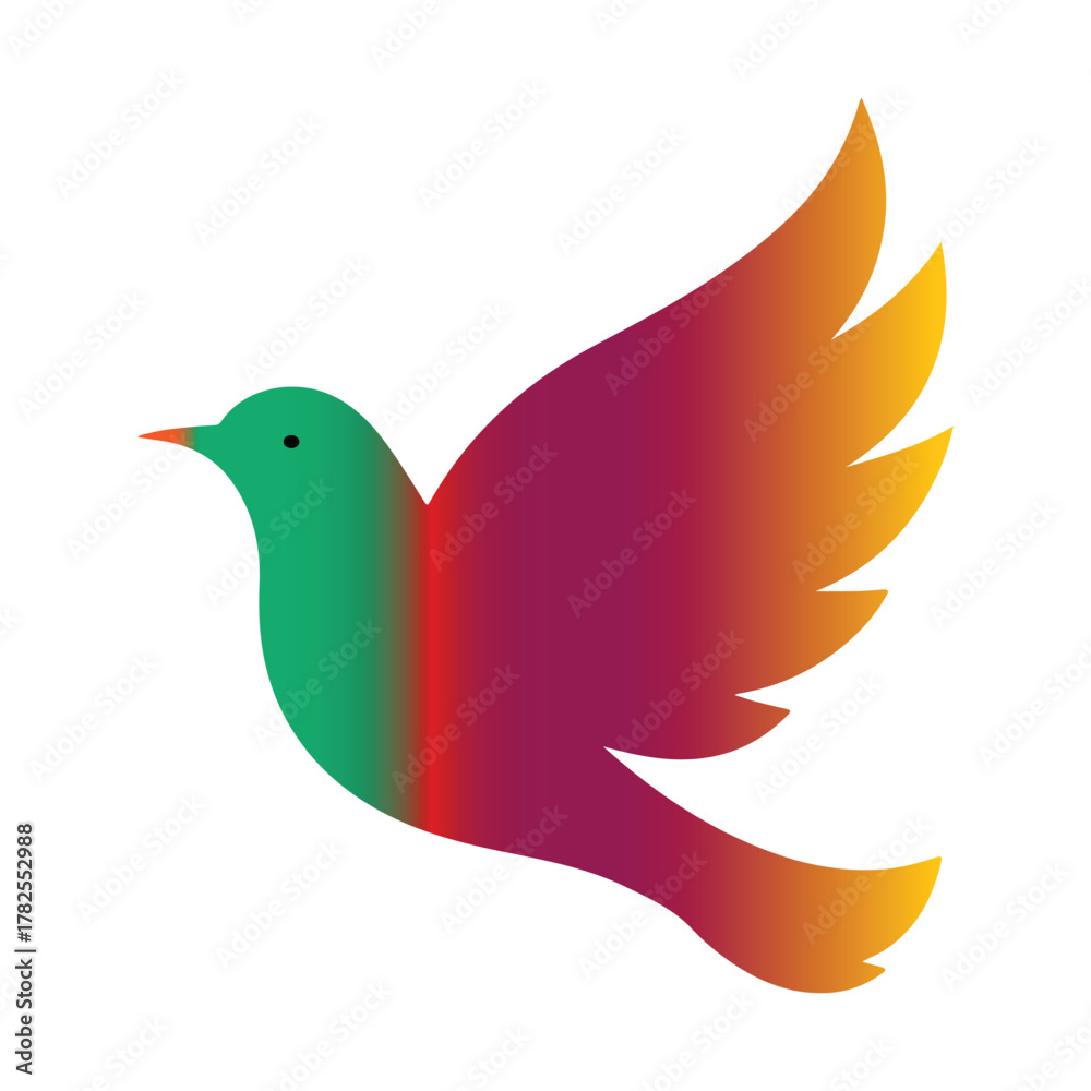 Obraz premium Stylized dove in flight with a modern multi-color gradient design. This graphic icon represents concepts like hope, spirit, and liberty, presented as a clean vector art element