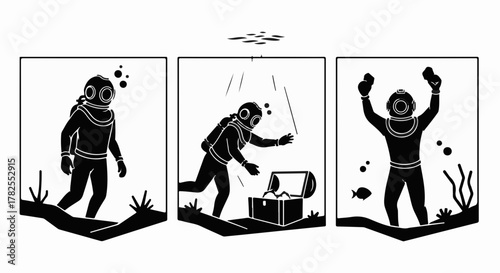 Diver discovers treasure chest underwater, celebrating a rich find.