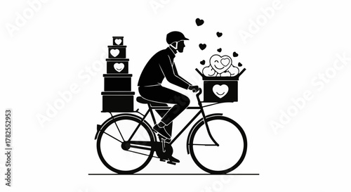 Joyful delivery person on bicycle carrying gifts and hearts