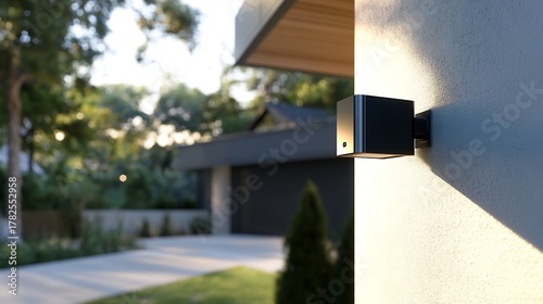 Quadro su tela Sleek outdoor security camera mounted on the corner of a modern house overlookin