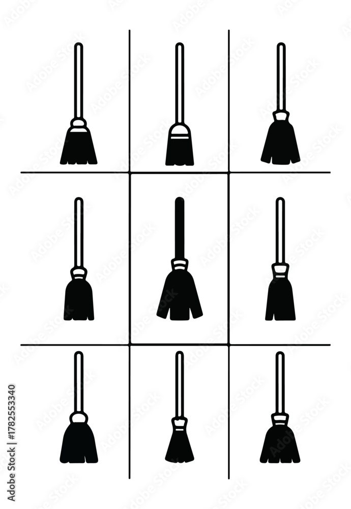 Naklejka premium Broom variations silhouette set against black background