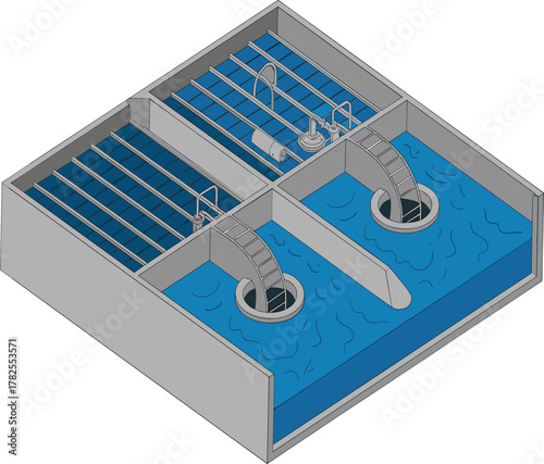 Isometric Water Treatment or Sewage Filtration Plant Vector Illustration - Environmental Engineering Graphic