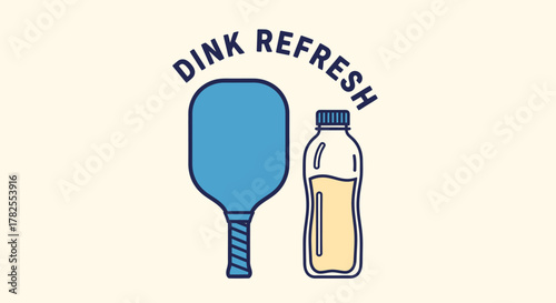 A graphic illustration featuring a blue pickleball paddle and a yellow drink bottle with the text 'DINK REFRESH' above them.