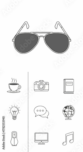 Graphic icon set with sunglasses and assorted office supplies