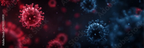 Microscopic view depicts threatening pathogens illuminated in contrasting red and blue light against a dark background