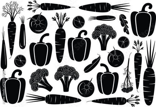 Monochrome Vegetable Seamless Pattern Silhouette Vector Illustration - Black and White Food Graphic