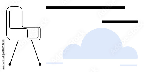Abstract chair with thin legs beside a soft cloud shape and floating bars. Ideal for workspace, comfort, technology, innovation, remote work, simplicity, creativity. Clean and simple flat metaphor