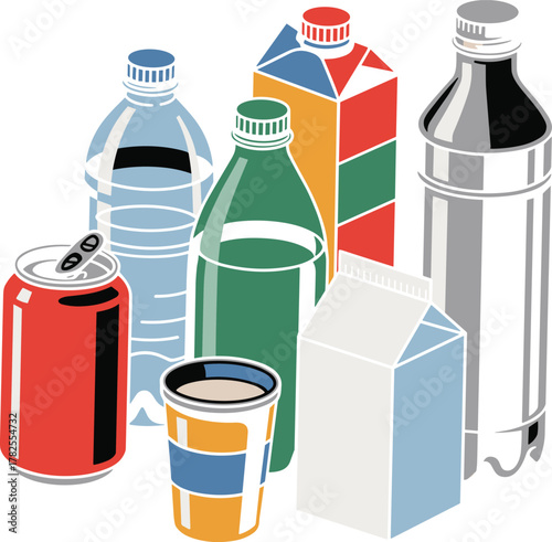 Set of Assorted Beverage Containers for Recycling Vector Illustration - Trash and Waste Graphic