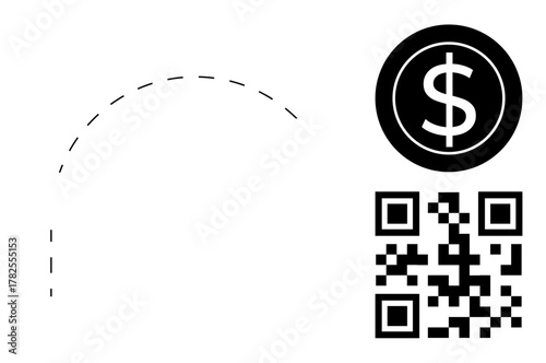 QR code next to dollar coin symbol, representing contactless payment, e-commerce, and digital wallets. Ideal for finance, technology, online transactions, security, modern payment systems
